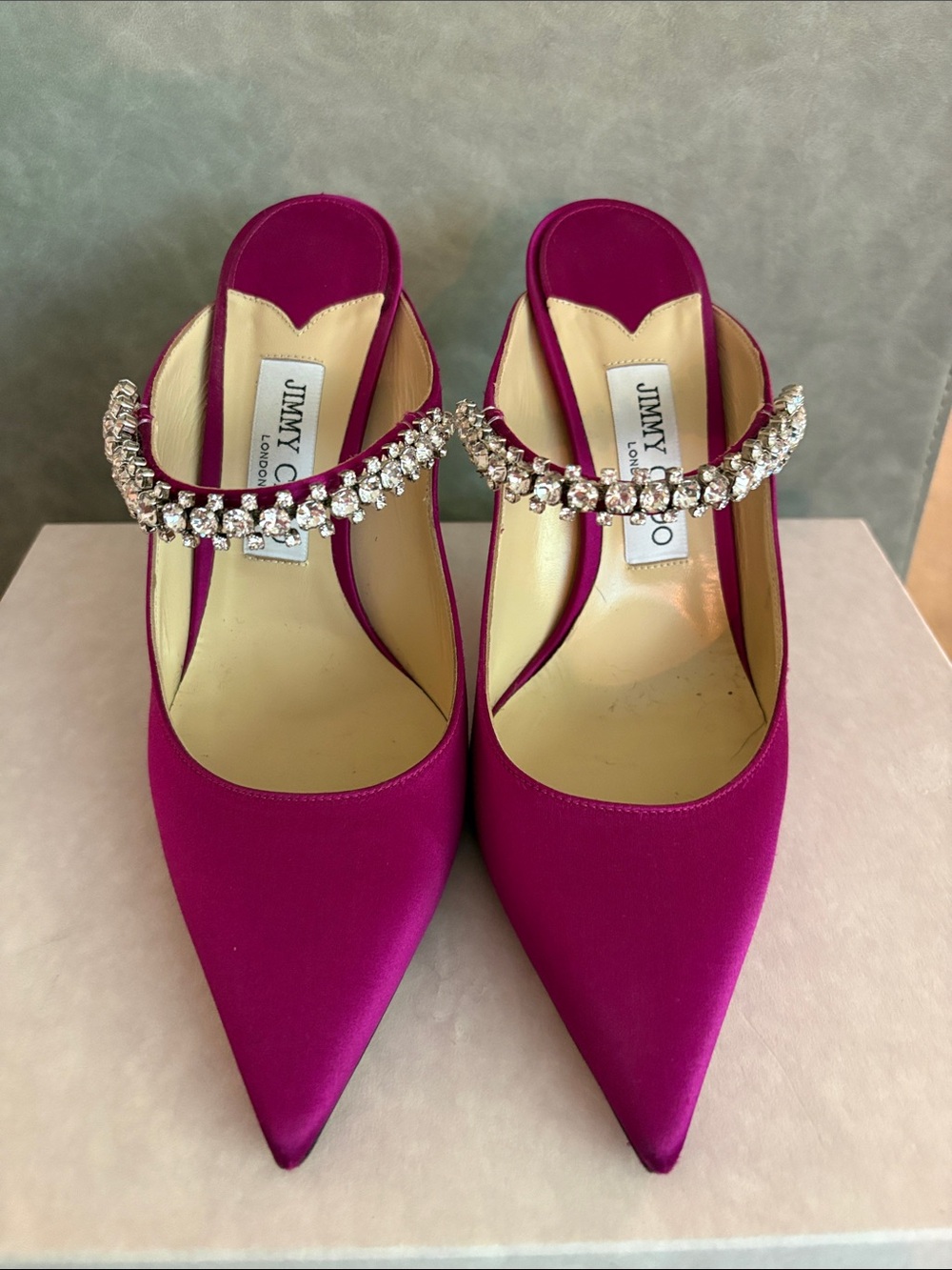 Jimmy Choo Fuchsia Satin Pointed Mules with Crystal Embellished Strap